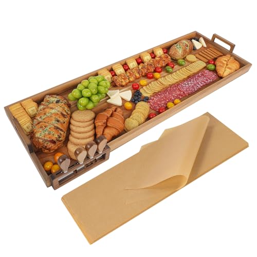 Large Charcuterie Board with Cheese Knife Set,36 x 12 Inch Acacia Wood Large Serving Tray with Handles,Long Wooden Serving Board with 30Pcs Wax Paper,3ft Extra Long Cheese Board - size: 36 Inches