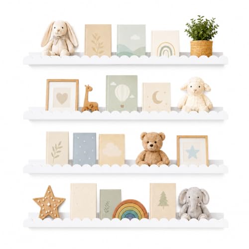 Extra Long White Scalloped Nursery Shelves for Wall, 4-Pack 31.5 Inch Floating Book Shelves for Kids Room, Wall Mounted Bookshelves for Bedroom, Playroom, Book and Decor Display - color: White, size: 4 Pack - 31.5 in x 4.7 in