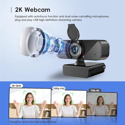 2K Webcam PC Webcam with Microphone and Physical Privacy Cover, Noise-Canceling Microphone, Auto Light Correction, Wide Angle, Plug and Play for Conferences/Online Classes/Live Streaming/Zoom/Teams - style: 2K