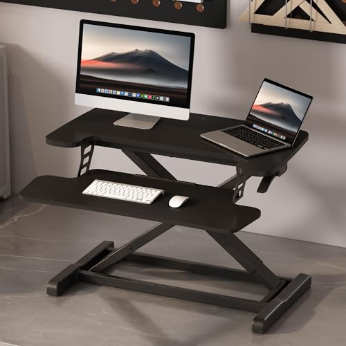 FLEXISPOT Standing Desk Converter 28" Desk Riser for Small Spaces, Compact Desktop Riser Sit Stand Computer Workstation, Stand Up Desk Converter for Laptop & Single Monitor, Black - color: Black, size: 28"