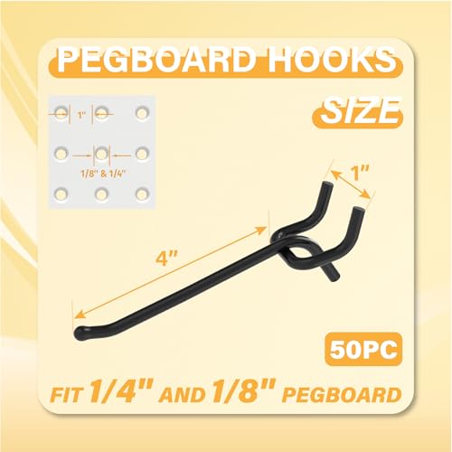 50PC 4" Pegboard Hooks for 1/4" Peg Board | Heavy Duty Black Metal Pegboard Hooks for Tools & Supplies, 30 lb Capacity Organizer Accessories for Garage, Store - size: 4 Inch