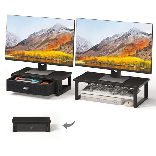 WOHOMO Dual Monitor Stand Riser with Drawers, Wood Desk Organizers for 2 Monitors, Desktop Storage Stand for Computer, Laptop, Black - color: Black