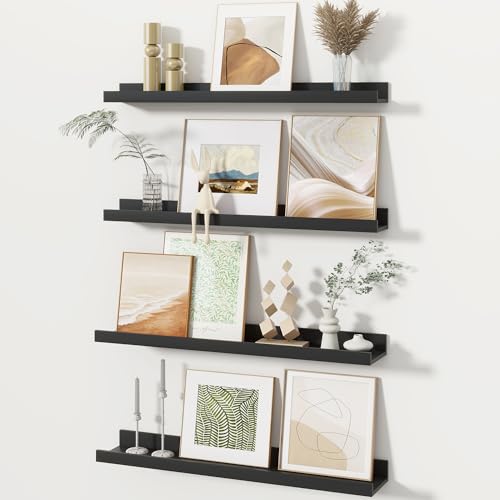 Fun Memories Picture Ledge Shelves Set of 4, 24 Inch Rustic Wall Mounted Floating Shelves with Lip for Home Storage and Décor in Bathroom, Kitchen, Nursery, Bedroom, Living Room, Black - color: Black, size: 24 inch, Set of 4