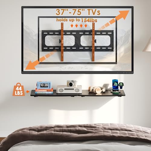 3-in-1 TV Wall Mount & Floating Shelves Kit, Fits 37–75" TVs, Wall-Mount TV Bracket with 2 Wooden Shelves, Max VESA 600×400 mm, for Living Room, Game Room, Bedroom