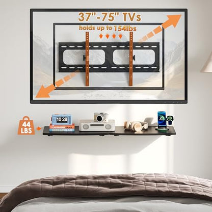 3-in-1 TV Wall Mount & Floating Shelves Kit, Fits 37–75" TVs, Wall-Mount TV Bracket with 2 Wooden Shelves, Max VESA 600×400 mm, for Living Room, Game Room, Bedroom
