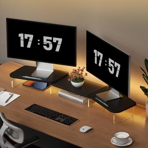 AFOOYO LED Dual Monitor Stand Riser for 2 Monitors,Office Desktop Wooden Stand Adjustable Length and Angle 3 Shelf,Extra Long Multifunctional Stand up to 39.3" for Computer,Laptop,TV,Black - color: Black, size: MIDDLE SLOT