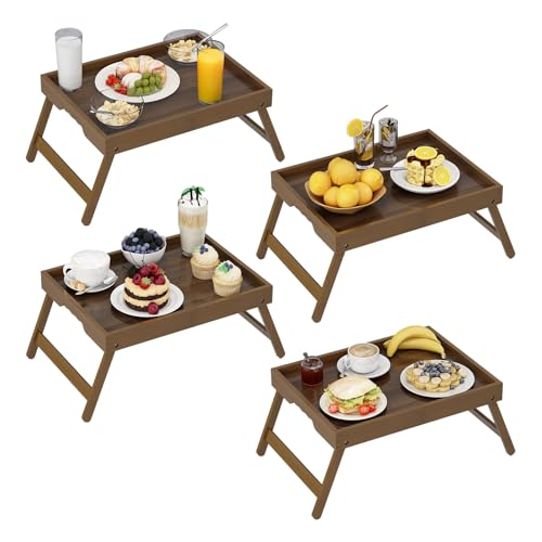 Artmalle Bed Tray Table Folding Legs with Handles Groove Breakfast Food Tray for Sofa, Bed, Eating, Drawing, Platters Serving Lap Desk Snack Trays (Brown Medium) 4 Pack - size: Medium (11.8" x 15.7" x 1.6") x 4 Pack