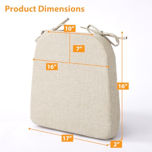 Ruqmuis Chair Cushions for Dining Chairs, 2" Thick Seat Cushions for Kitchen Chairs, D-Shaped Chair Pads with Washable Cover, Ties and Non Slip Backing, 17'' x 16'', Set of 6, Beige - color: Beige, size: 6 Count(Pack of 1)