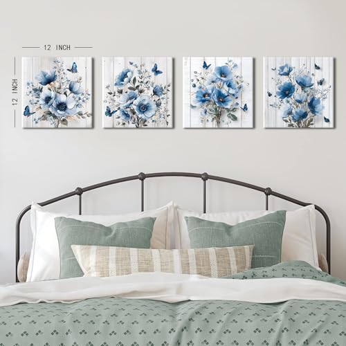 Blue Butterfly Wall Art Vintage Flowers Canvas Prints Spring Botanical Pictures Rustic Farmhouse Floral Painting Poster Blue Wildflower Canvas Artwork for Living Room Bedroom Home Decoration 12x12" 4Pcs - color: Blue Flower, size: 12 x 12 in