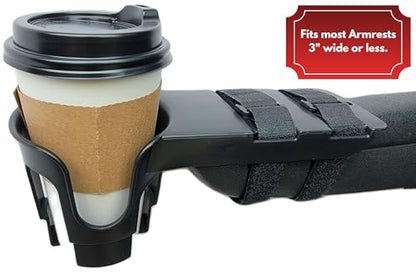 Wheelchair Cup Holder for Armrests – Nearly Universal OH for Power Chairs, Mobility Scooters & Stadium Seats – No-Clamp Adjustable Strap-On Drink Holder - Removable Beverage Holder - Black