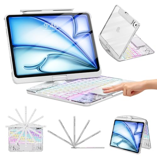 TSQQST Clear Keyboard Case for iPad Air 11 Inch (M4/M3/M2, 2026/2025/2024)/ iPad Air 5th/4th Generation 10.9" / iPad Pro 11" 1st/2nd/3rd/4th, Trackpad, Pencil Holder, 7-Color Backlit, Rotatable, White - color: Clear+White, size: Air11/10.9/Pro11 1/2/3/4