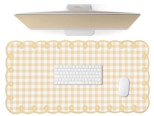 Cute Yellow Scalloped Desk Mat Gingham Checkered Large Mouse Pad Kawaii Vintage Farmhouse-Inspired Cottagecore Office Desk Decor Stitched Nonslip Pad for Computer Keyboard & Mouse 31 * 15.7in - color: A1- Yellow