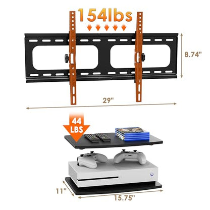 3-in-1 TV Wall Mount & Floating Shelves Kit, Fits 37–75" TVs, Wall-Mount TV Bracket with 2 Wooden Shelves, Max VESA 600×400 mm, for Living Room, Game Room, Bedroom