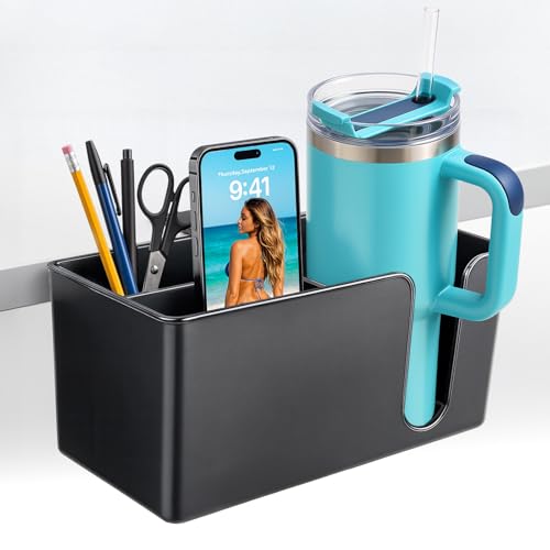 OOKUU 3-in-1 Desk Organizer - Large Desk Cup Holder Clamp, Pencil Holder and Phone Stand - Detachable Anti-Spill Table Cup Holder, Office & PC Gaming Desk Accessories for Cup, Phone and Pen (Black) - color: Black, size: 3 in 1, Large, 7.87"×3.8"