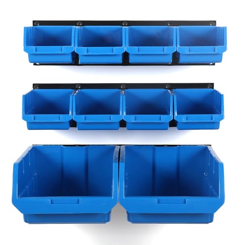 Wallmaster Wall Mounted Storage Bins, Wall Storage Bins Parts Rack 10 Bins&3 Rails Wall Mount Tool Organizer Hardware Storage Organizer (Blue) - color: Blue, size: 10Bins+3Rails