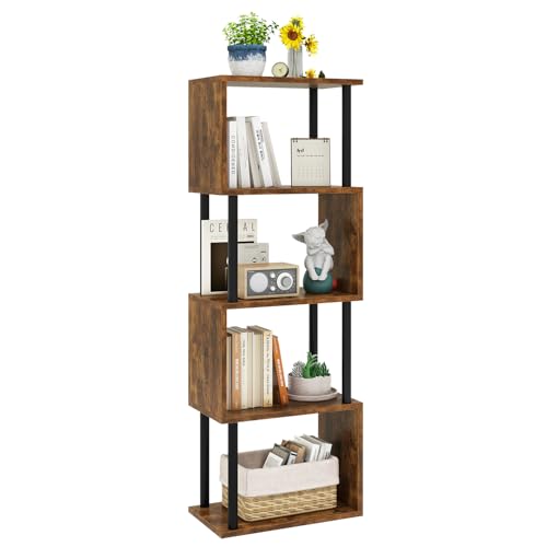 IBUYKE 5-Tier Tall Bookshelf,S-Shaped Geometric Bookcase, Wood Display Shelves with Storage,Industrial Bookshelf for Living Room Bedroom, Home Office, Rustic Brown WBC015H - color: Rustic Brown, size: 5 Tier