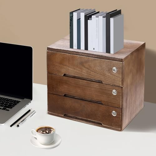 Wooden Desk Organizer with Drawers & Lock, Desktop Countertop Storage Cabinet Lockable Home Office Supplies File Tabletop Organizing Unit (3 Drawer - Retro Walnut) - style: 3 Drawer - Retro Walnut