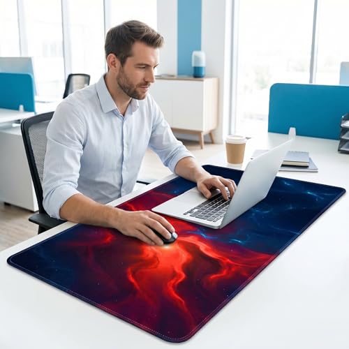 Jeffbaubl Large Desk Mat, 31.5 x 11.8 inch Blue Red Pattern Mouse Pad, Non-Slip Rubber Base and Stitched Edges Mousepad, Waterproof Desk Pad, 3mm Thick Extended Keyboard Pads for Gaming Office Home