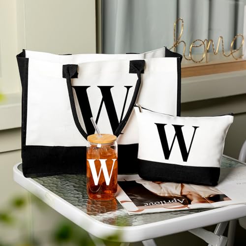 Aliceset Initial Gifts for Women Monogram Canvas Tote Bag and Makeup with Zipper and Initial Glass Coffee Cup Gifts for Her - style: Letter W