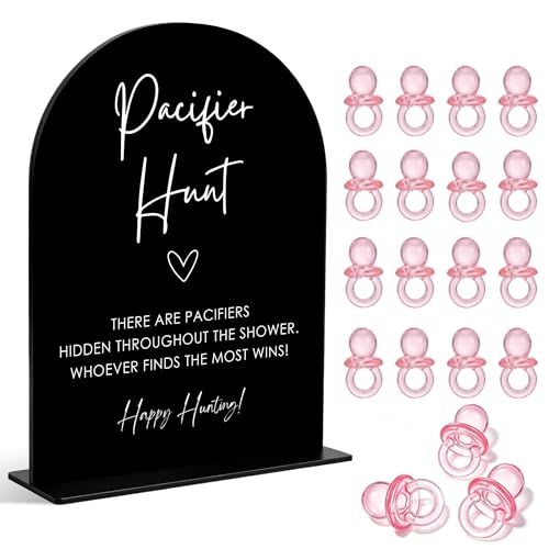 Pacifier Hunt Sign for Baby Shower Games, Baby Shower Table Decorations, Gender Reveal Party Table Top Decorations, Newborn Announcement Party Favors, Black Arch Acrylic Sign and 50 Pcs Pacifiers, 40 - color: Pacifier Hunt03