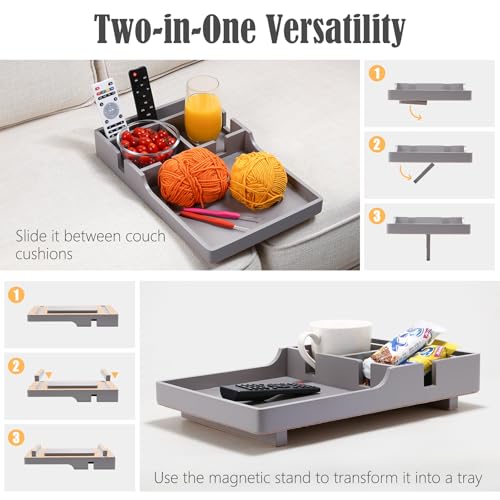 Nnewvante Couch Tray Between Cushion, 2-in-1 Insert & Flat Sofa Organizer Bamboo with 4 Compartments,Fits Middle Couch or Ottomans,for Snacks, Drinks, Remotes,15.35x9.84-inch,Gray - color: Gray
