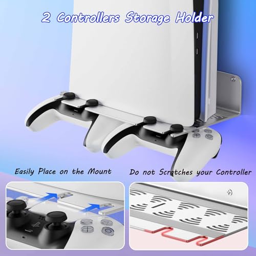 ZHGM Wall Mount Kit for PS5 Slim/Pro/PS5 Original Console & Controllers | Metal Wall Shelf for Playstation 5 Disc & Digital, Enhance Heat Dissipation, Space Saving & Stable Vertical Bracket, Silver - color: Silver