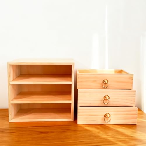 3 Layer Natural Wooden Storage Box with Drawers Desk Organizer Desk Accessories 3 Drawer Storage Organizer Wood Tabletop Organizer with Metal Handle for Home Office Counter Craft Decor - style: 3 Layer