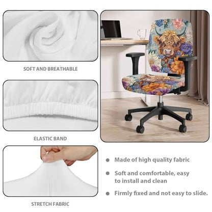 Highland Cattle Office Chair Cover Stretchable 2 Piece Computer Seat Covers Universal Fit Most Gaming Chair Rotating Chair Slipcover Protector Floral Chair Padded Cover for Women Cow Blue - color: Highland Cattle Flower