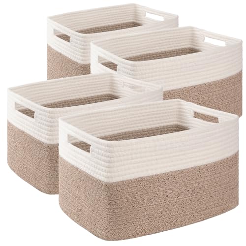 4 Pack Storage Baskets for Organizing, Woven Baskets for Shelves - Perfect for Toys, Books, Towels, and Clothes, Durable Gift Basket Bins Toy Storage, 15.7''Lx11.8''Wx7.8''H, Brown & White - color: Brown & White, size: Large/15.7''Lx11.8''Wx7.8''H