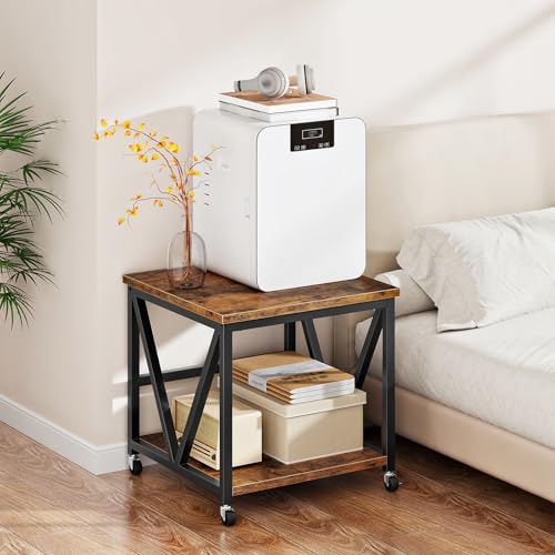 HOOBRO Mini Fridge Stand with 2-Tier Storage Shelf, 19.7” Square End Table, Mini Fridge Table with Wheels and Adjustable Feet, Sturdy Metal Frame for Living Room, Bedroom, Rustic Brown BF01BX01