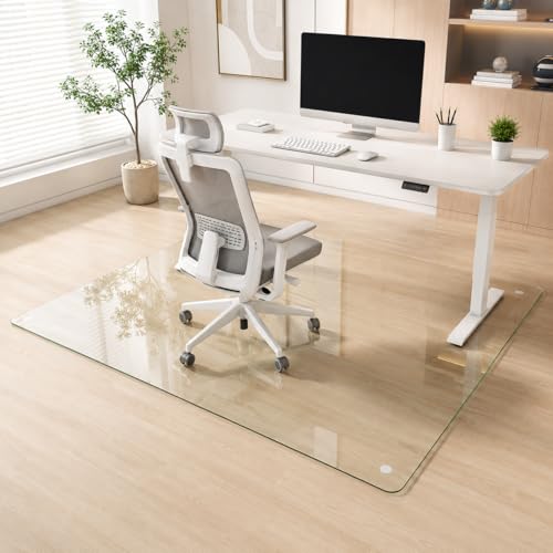 46 x 55 Inch Glass Chair Mat, 1/5 Inch Thick Tempered Glass Office Chair Mat for Carpet and Hardwood Floors, Heavy Duty Clear Floor Protector with Polished Edges and 8 Non-Slip Pads - size: 55" x 46"