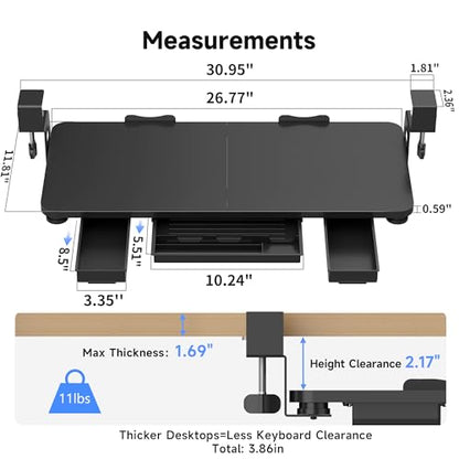 XINLEI Keyboard Tray Under Desk with Storage Drawer Large C-Clamp 26.7”(31” Including Clamps) x 11.8” Slide-Out Platform Computer Drawer Pull Out Keyboard & Mouse Tray DSF7CT - style: with Drawer