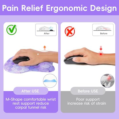 Mouse Pad with Wrist Rest Ergonomic Mouse Pad with Comfortable M-Shape Pain Relief Wrist Support Non-Slip PU Base Mousepad for Laptop, Office & Home (Purple Mermaid) - color: Purple Mermaid