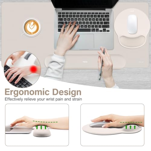 MOSISO Wrist Rest for Keyboard Mouse Pad Set, Large Gaming Deskpad&Circle Curved Mousepad&Keyboard Wrist Rest&Coaster, Ergonomic Non-Slip Mousepad&Easy Typing Pad with Silicone Lining, Stone Gray - color: Stone Gray