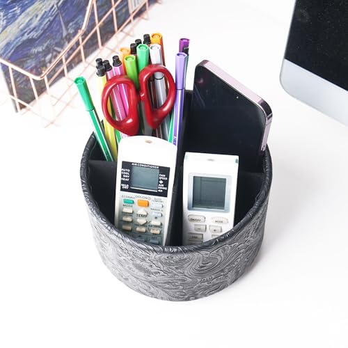 lizimandu Round Leather Art Supply Organizer,Remote Control Holder,360 Degree Spinning,Multi-Functional Pencil Holder,4 Compartments Desktop Stationary Organizer(1-Carved Black) - color: 1-Carved Black