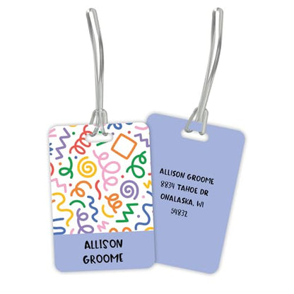 Personalized Geometric Luggage Tag / 2.75" x 4" Custom Abstract Bag Tag/Double Sided Durable Plastic Luggage Tag with Plastic Strap/Made in The USA - style: Squiggly