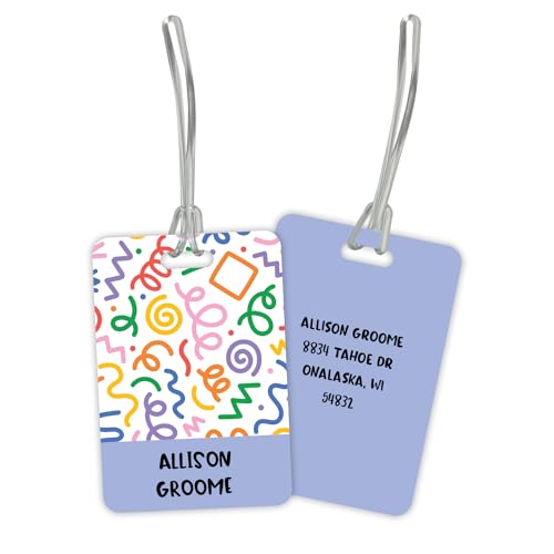 Personalized Geometric Luggage Tag / 2.75" x 4" Custom Abstract Bag Tag/Double Sided Durable Plastic Luggage Tag with Plastic Strap/Made in The USA - style: Squiggly