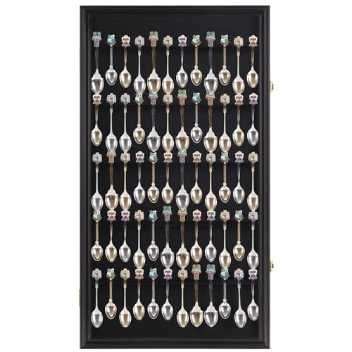 DisplayGifts 60 Souvenir Spoon Tea Spoon Display Case Rack Holder Wall Cabinet Frame, UV Protection, Lockable Door (Black Finish) - color: Black Finish
