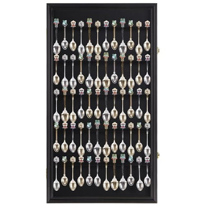 DisplayGifts 60 Souvenir Spoon Tea Spoon Display Case Rack Holder Wall Cabinet Frame, UV Protection, Lockable Door (Black Finish) - color: Black Finish