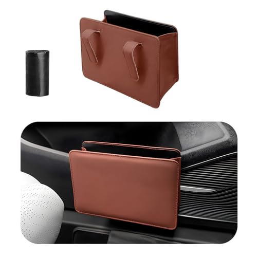 Yourkar Car Trash Can, Foldable Waterproof Leather Car Garbage Organizer Holder, Automotive Mini Dustbin Container with One Roll Trash Bag, Universal Interior Car Accessories (Brown) - color: Brown, S