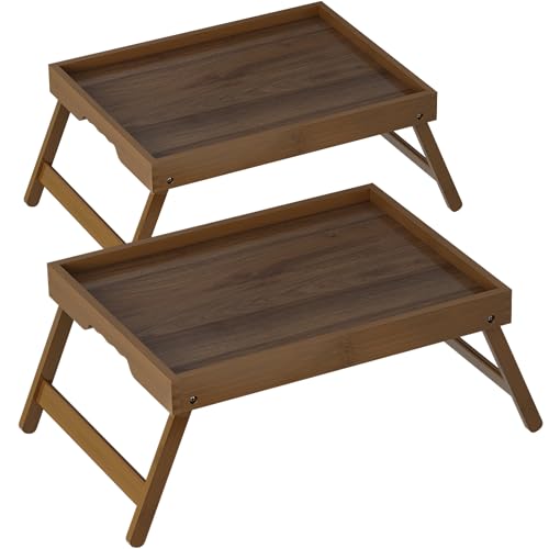 Large Breakfast Tray with Folding Legs Set of 2, 16.9" x 12.2" Bamboo Bed Tray Table with Ergonomic Wave Handles, Foldable TV Dinner Tray for Bed Couch Sofa, Breakfast, Laptop, Coffee, Walnut - color: Walnut, size: Large