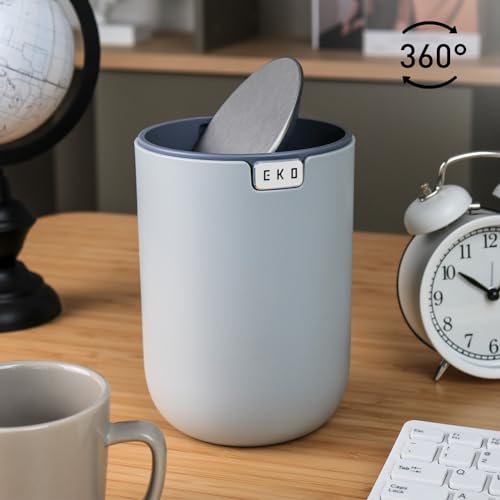 EKO Mini Desk Trash Can with Swing-Top Lid 0.4 Gallon Small Table Round Wastebasket for Office, Home, Car (Grey) - color: Grey, size: 1.5 Liters