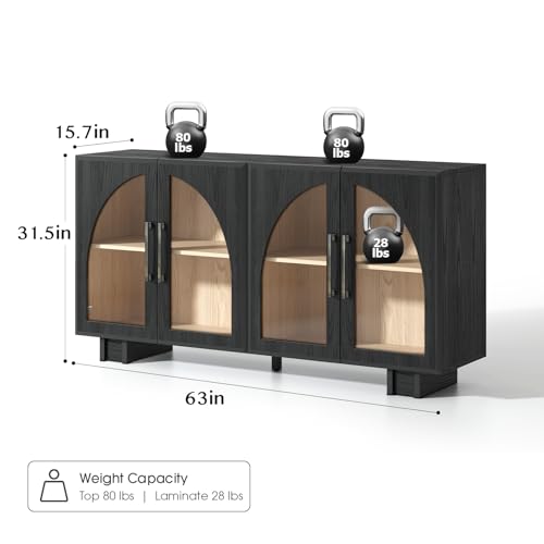 Jiansu furni,63" Sideboard Buffet Cabinet with Arched Glass Doors, Modern Black Kitchen Credenza with Storage, Heavy Duty Coffee Bar Console Table for Dining Room, Living Room, Entryway - color: Black_4 Doors