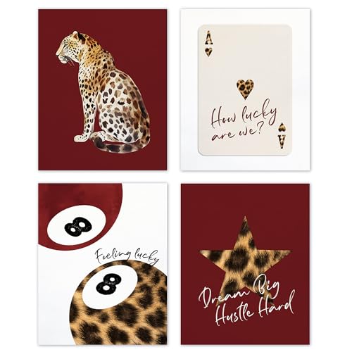 TLESKE Red Preppy Cheetah Leopard Posters Prints Unframed 8x10 Set of 4, Dark Red Trendy Lucky 8 Balls Wall Art Prints Decor for Teen Girls Dorm Bedroom, Retro Cheetah Print Wall Pictures - color: red cheetah, size: 10L" x 8W"