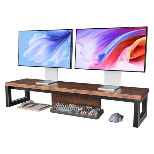Dual Monitor Stand Riser, Wood and Steel Monitor Riser, Long Computer Monitor Stands for 2 Monitors, Desk Shelf for Computer, Laptop, Printer, TV, Brown - color: Brown