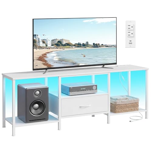 SONGMICS BELLAH Collection - TV Stand for TVs Up to 70 Inches, Media Console Table and Entertainment Center Unit for Living Room, with Shelves and Drawer, Steel, Modern, Cloud White ULGS131W101S - color: Cloud White, size: 13.8"D x 61.8"W x 23.6"H