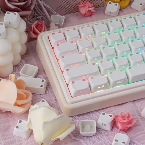 White Keycaps - Shine Through PBT Keycaps,113 Keys Side Print Cute Cat Keycaps, Mao Profile Custom Keycap for 60 65 75 100 Percent Cherry MX Mechanical Keyboard - color: White Cat