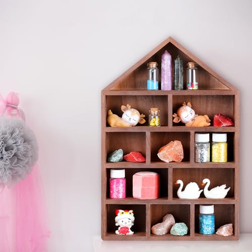Threehoney House Shaped Wooden Shadow Cubby Box 10 W x 2 1/4 D x 15 H Hanging Display Shelf Organizer Wall Mounted Curio Cabinet Wooden Display Case Miniature Shelf for Figures (Brown) - color: Brown