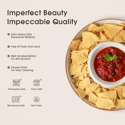 FUN ELEMENTS Ceramic Chips and Dip Serving Tray: 12 Inch Large Divided Bowls Set for Salsa, Veggies & Dip, Appetizers, Snacks, Fruit, Candy, Free-Form Serving Dish Platter for Parties Hosting