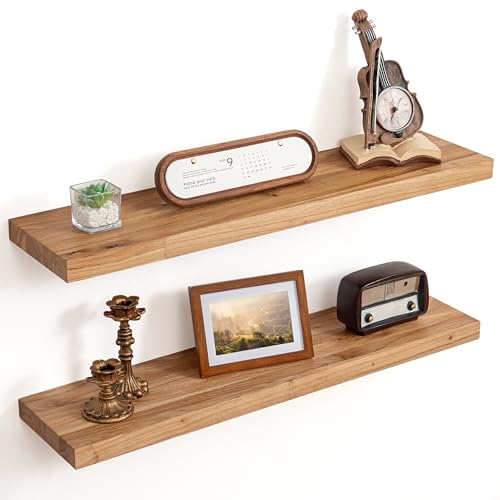 Floating Shelves for Wall Decor, 8" Deep Rustic Solid Elm Wood Floating Shelves Wall Mounted, Wall Shelves with Invisible Bracket for Living Room Bathroom Bedroom Kitchen, 32 Inch Set of 2, Natural - color: Natural, size: Flat Edge, 32inch, 2Packs